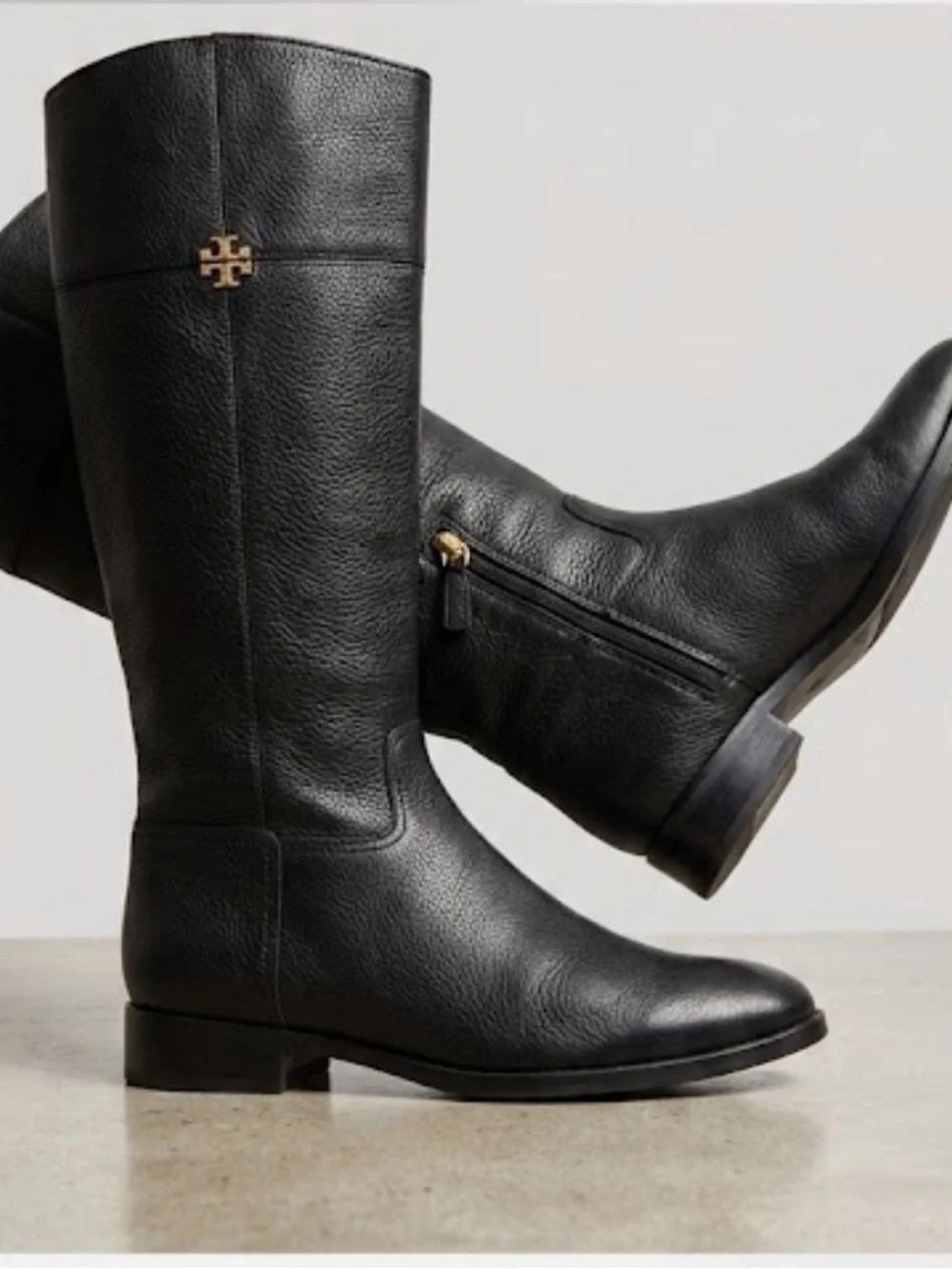 Tory Burch Black Pebbled Leather Knee Boots with Gold Logo
